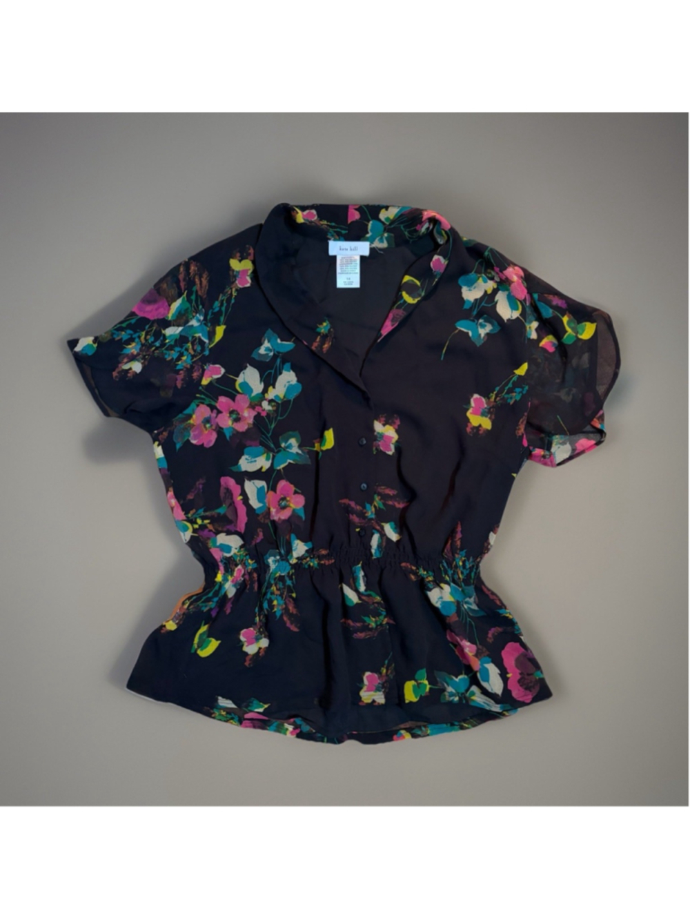 Kate Hill Black Floral Peplum Blouse Elastic Waist - Size 14